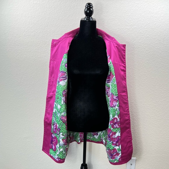 Pink Trench Coat Mid Jacket Tailored Blazer Spring Summer Floral Print Tweed Y2K - Picture 3 of 17